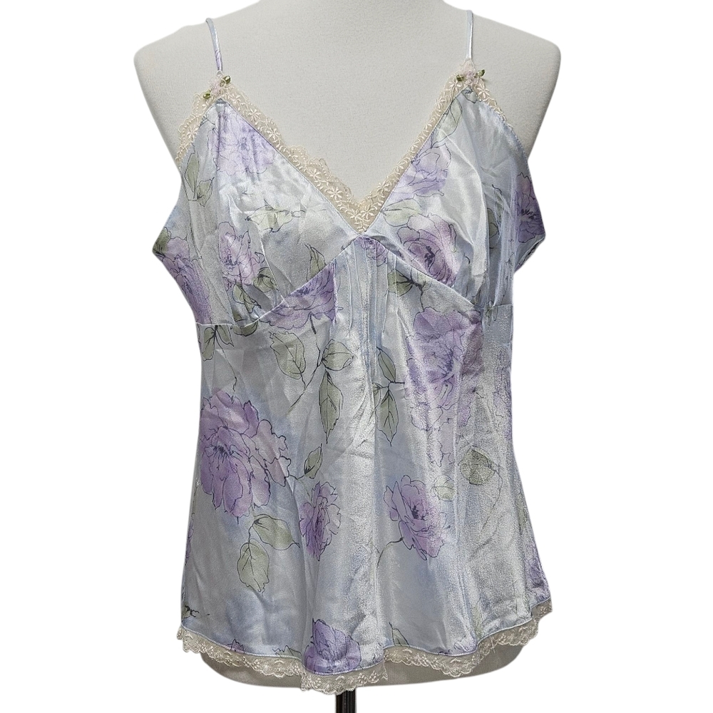California Dynasty Satin Cami Large Lace Trim Babydoll Floral Dainty Feminine